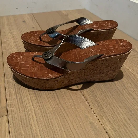 Tory Burch Thora Women's Silver Wedge Sandals - Picture 2 of 7